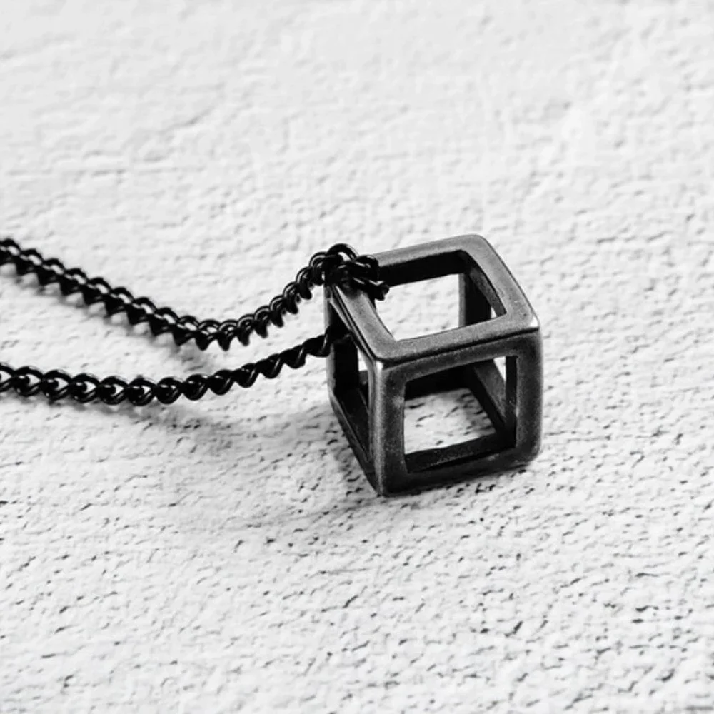 ❤️NEW TUNGSTEN SQUARE HOLLOW BOX CUBE PENDANT NECKLACE, N90201P156